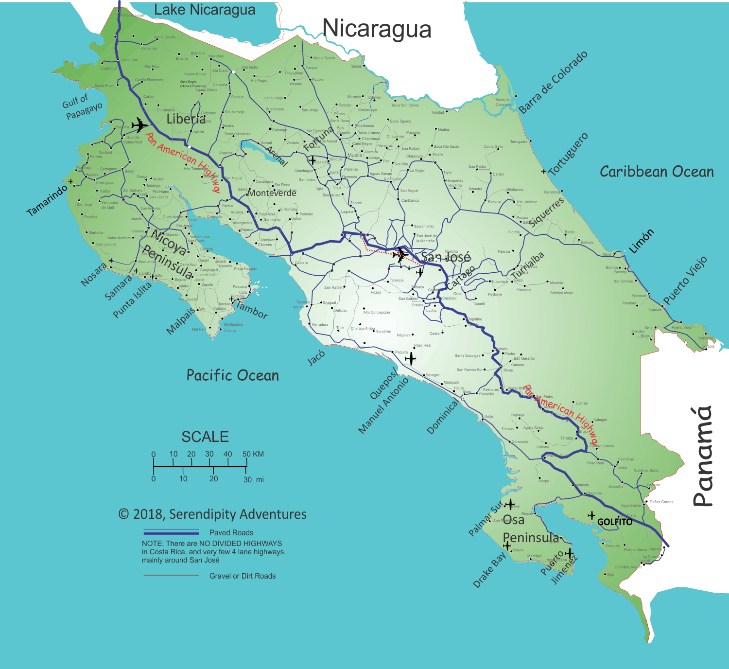Map showing Costa Rica major roads